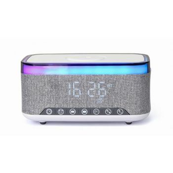 Gembird Digital alarm clock with speaker and wireless charging function, white light grey